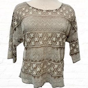 TRUE GRIT Cropped Sheer Lace Dolman Top L